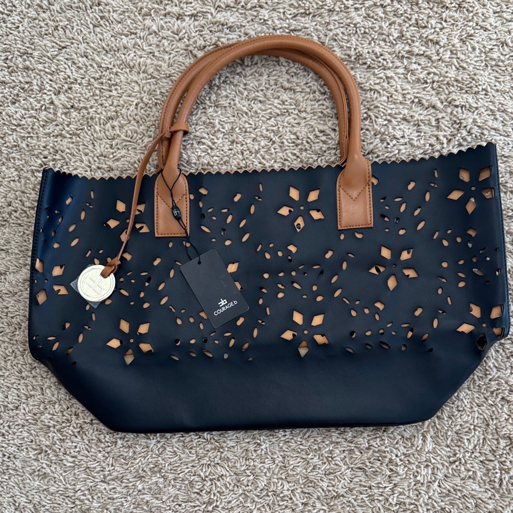 NWT Courage.b Fiji Bag Black Italian Leather Cutout Large Shoulder Tote